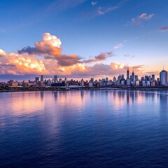 Fototapeta premium New york city skyline reflecting at sunset with dramatic clouds