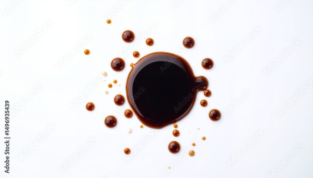 Poster overhead shot of a dark, shiny, viscous liquid spill on a pristine white surface, with surrounding d