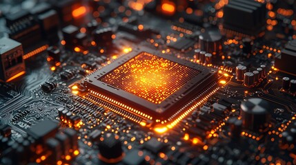 High-tech CPU on circuit board, glowing