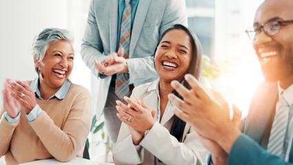 Business people, laugh and audience clapping for support, success or celebrate milestone at conference. Achievement, cheers or team applause for goal or excited for seminar presentation in office