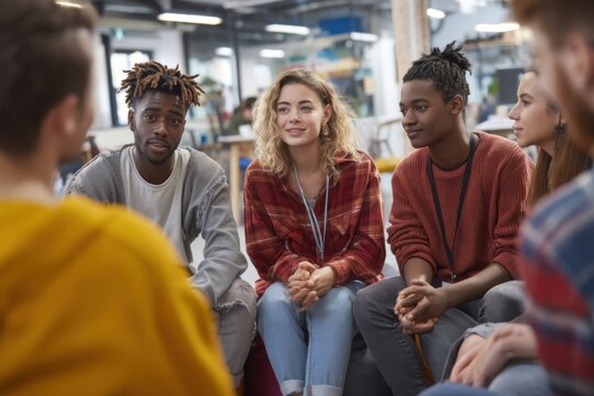 Diverse Group of Young Adults in Circle Meeting, Representing Teamwork, Support, and Community Engagement in a Modern Workplace : Generative AI