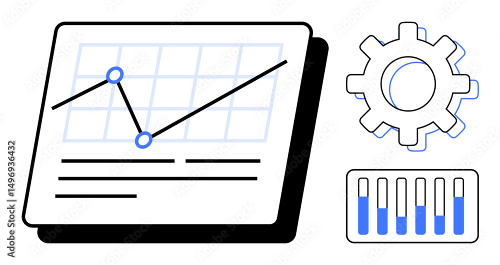 Poster digital dashboard with a line chart, gear symbol, and bar graph representing data analysis, growth, 
