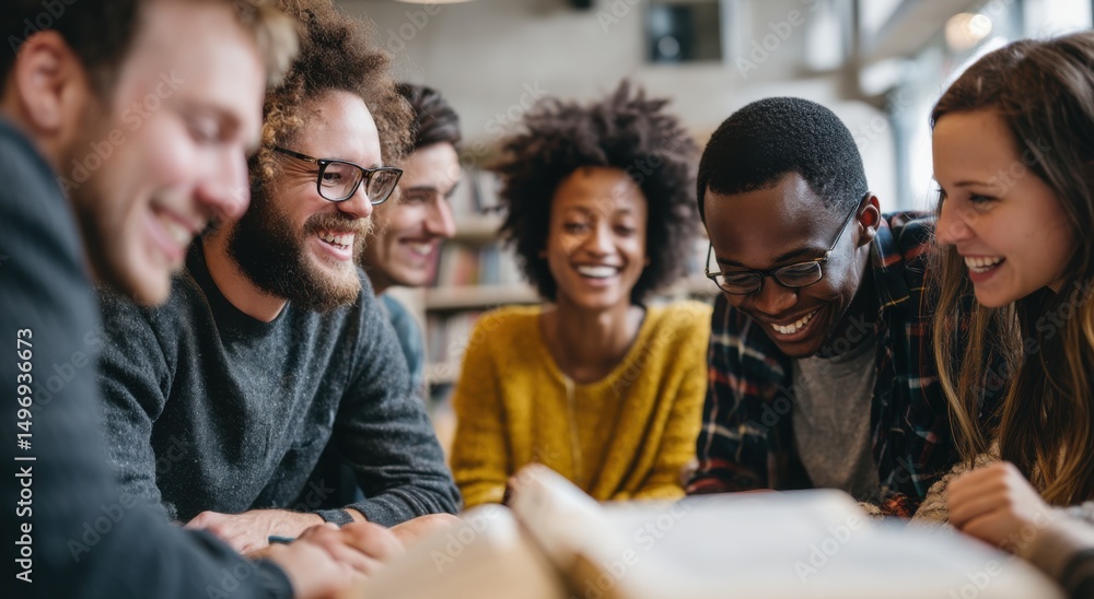 Aufkleber diverse group of students laughing together over a book in library, depicting teamwork and higher ed