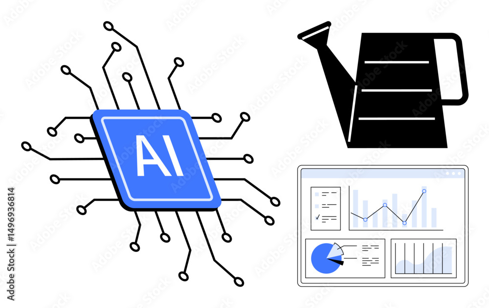 Poster ai chip connected to circuits, watering can symbolizing growth, and a dashboard with charts, graphs,