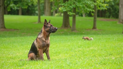 Attentive german shepherd watching squirrel