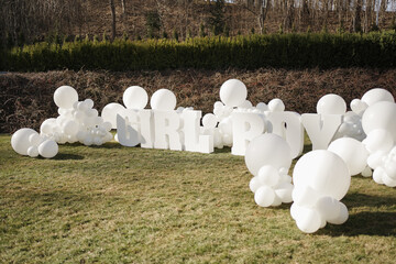 On the lawn there are balloons and the words 
