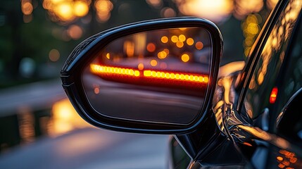 Rear view mirror reflection of a red car on a city highway, emphasizing speed and travel