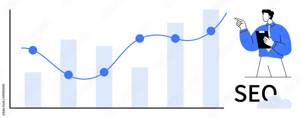 Poster graph with rising bar chart and trendline, analyst holding clipboard pointing at data insights. idea