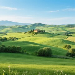 Fototapeta premium A picturesque Tuscan landscape with rolling green hills and a solitary farmhouse