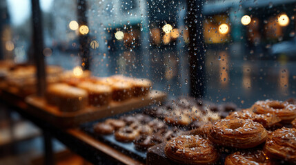 Obraz premium Cozy Bakery Display with Raindrops on Shop Window Amid Urban Chaos