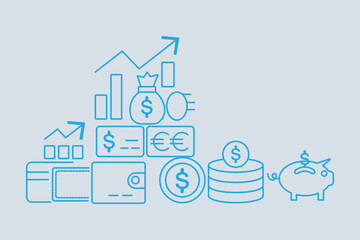 Naklejka premium Money, budget, savings, loan, cash, earning, income, wallet, currency, dollar, card, coin, revenue, piggy bank, and profit icon set. Finance business thin line icon collection.