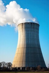 Industrial chimney cooling tower emitting steam against a clear blue sky Efficient energy dissipation, environmental technology, power plant infrastructure , technology, condenser, power plant