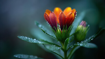 Obraz premium Blooming Flower with Dew and Raindrops Under Soft Light in Nature's Embrace