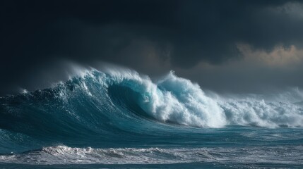 Fototapeta premium giant waves and tsunami hitting under dark stormy sky with perfect storm and catastrophic ocean conditions.