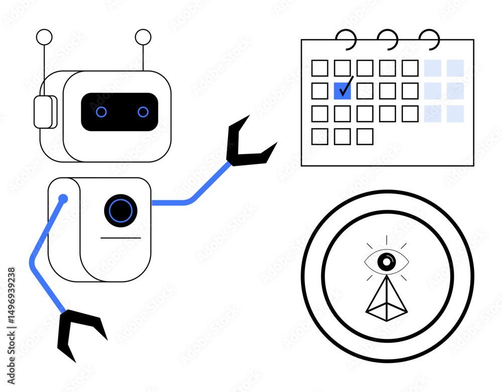 Poster robot interacting with calendar, analyzing a marked task while referencing a data visualization. ide
