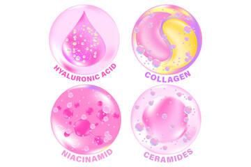 Pink, purple cosmetic molecules icon set, niacinamid, ceramides, hyaluronic acid, collagen, vector cosmetology ingredient isolated elements. Beauty serum skin care hydro gel, moisture anti age cream