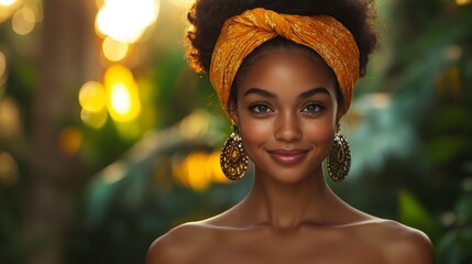 Smiling woman with headwrap, against a backdrop of greenery and warm light