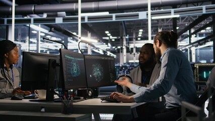 Lead data center engineer oversees team integrating AI automation tools during infrastructure maintenance. Worker under manager supervision uses machine learning models for operational tasks, camera A - Powered by Adobe