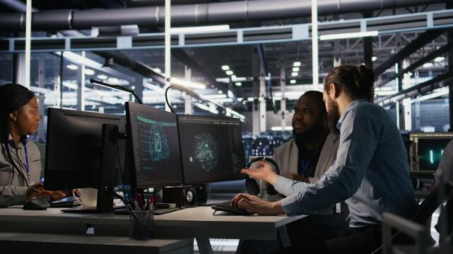 Lead data center engineer oversees team integrating AI automation tools during infrastructure maintenance. Worker under manager supervision uses machine learning models for operational tasks, camera A