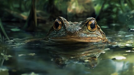 Mystical encounter with an amphibian in tranquil swamp habitat scene