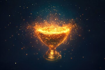 Golden trophy cup ablaze with sparks, glowing intensely on dark background
