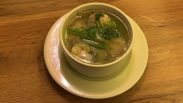 Chicken fing meat ball soup prepared in a restaurant in Kolkata