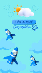 It's a boy, Baby shower greeting card with blue background. New born baby boy Happy Birthday.      
( original illustration, not generated AI  ).