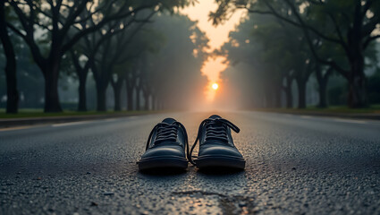 Road to Sunrise: A pair of running shoes sits poised in the center of a quiet road as the sun rises in the distance, creating a scene of tranquility and anticipation. 