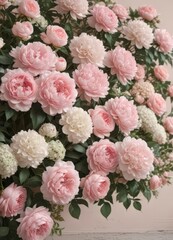 Muted pastel pink floral wall, vintage style artificial roses, peonies, hydrangeas ,  vintage floral,  background,  floral