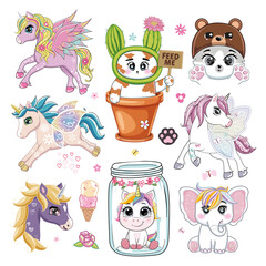 Cartoon baby unicorns and cats set.