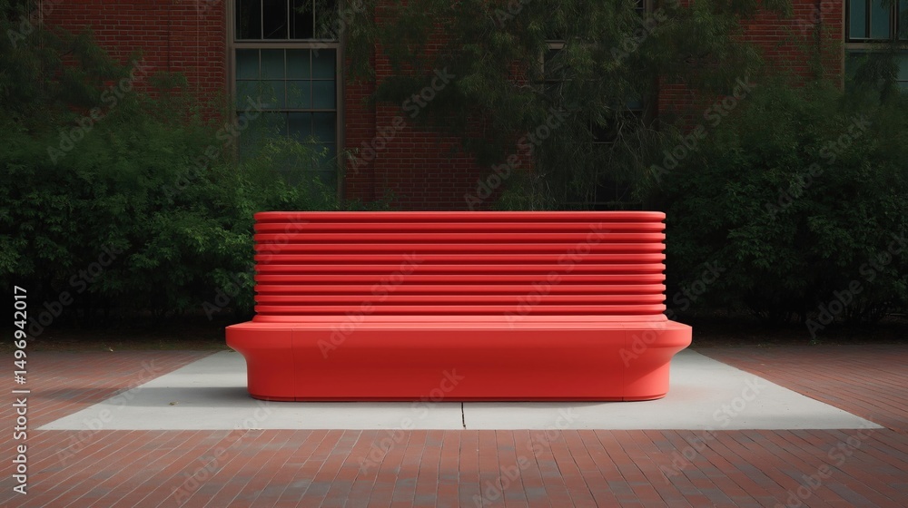 Poster red bench sitting on a white square in front of a brick building. the bench appears to be made of a 