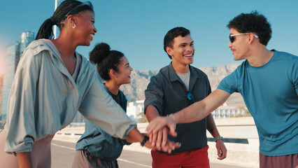 Happy people, fitness or huddle with hands together for workout, exercise or mission in city...