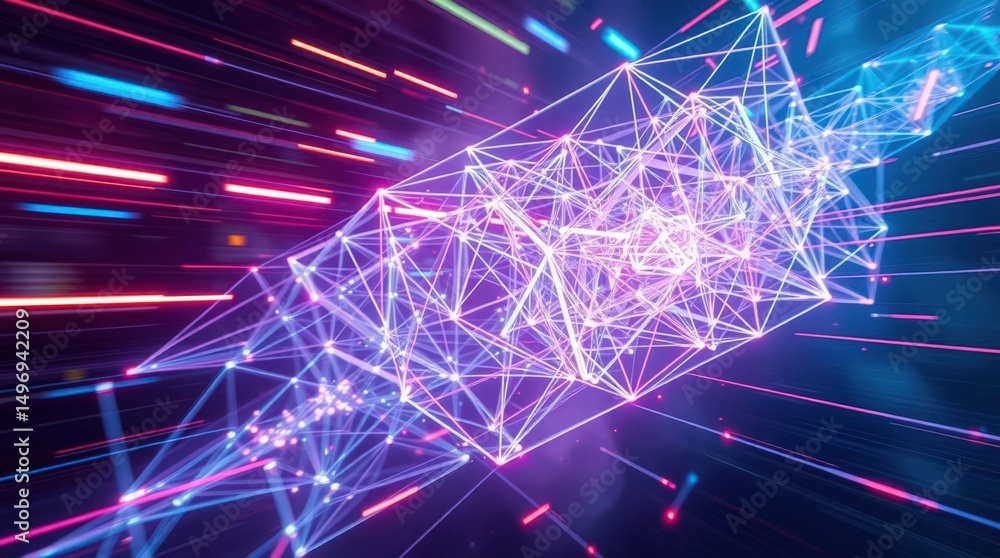 Poster visual representation of dynamic digital network illustrating connectivity and speed in a vibrant, h
