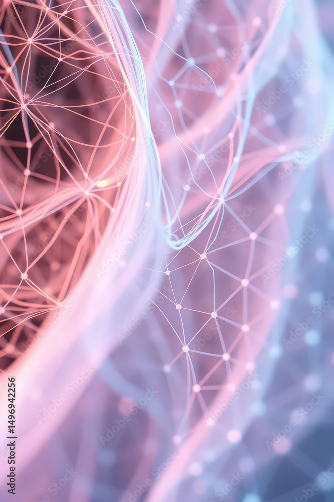 Poster colorful digital abstract pattern showcasing interconnected nodes and lines in a fluid design, creat