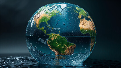 Fototapeta premium Planet earth submerged in water showing american continent covered with water droplets