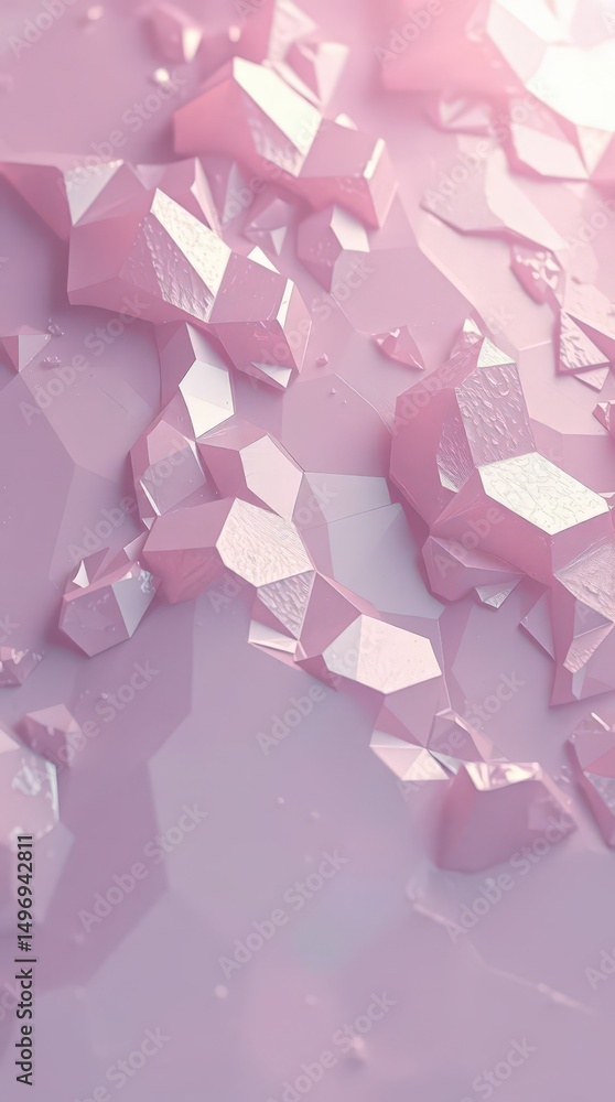 Poster abstract composition of pink geometric shapes on a smooth surface with varying light reflections in 