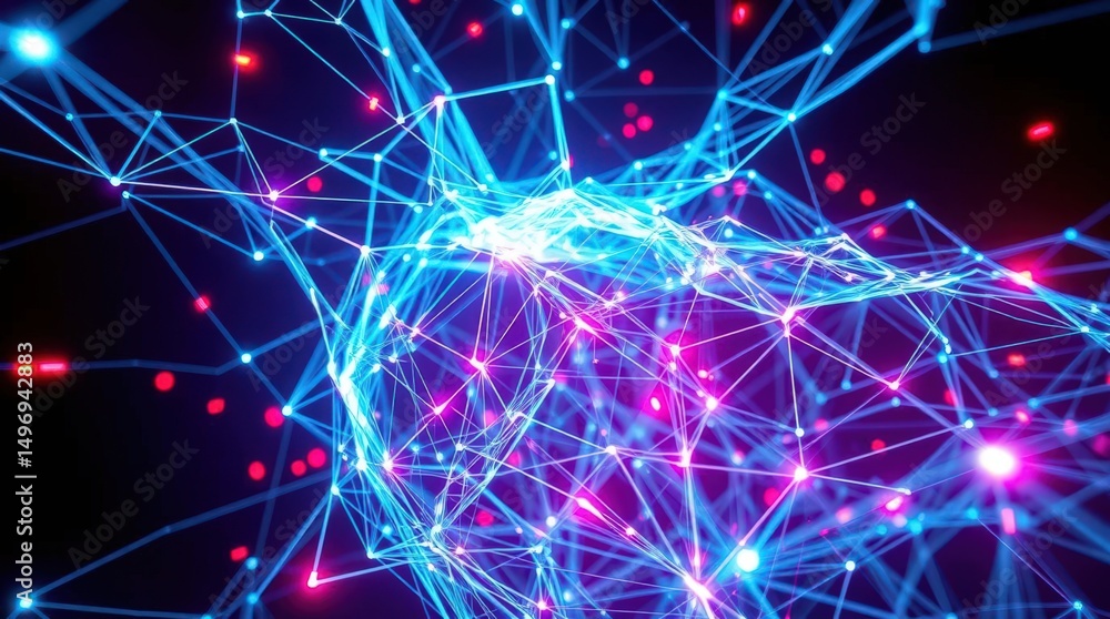 Poster bright blue and pink abstract network design with glowing lines on a dark background representing co