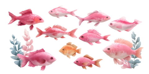 [Transparent Background PNG]Collection of Pink Fish Illustrations with Floral Elements