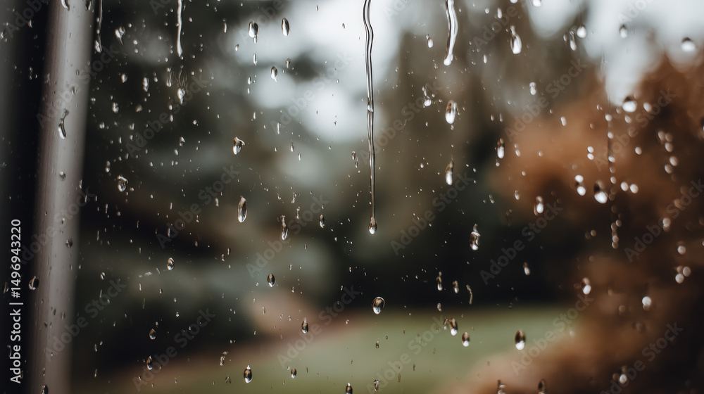 Poster close up view of raindrops sliding slowly down glass with a soft background of nature and trees