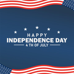 Independence Day card – USA flag with abstract wavy frame on dark blue background, 4th July text with stars, patriotic red white and blue color scheme, American holiday celebration poster or banner.