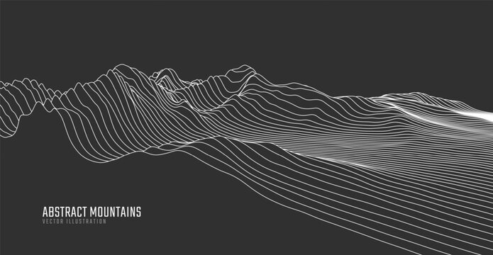 Contour mountain landscape. Waved line art. Abstract minimal topographic map. Contour lines with elevations and terrain depth. Vector illustration.