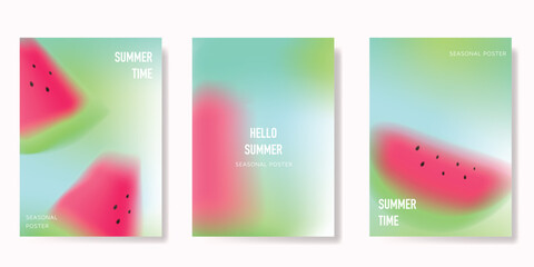 Abstract colorful gradient fruit card background set. Minimalist poster with watermelon slice. Modern summer and spring wallpaper design for drink menu, promotion, beverages, ads.