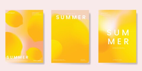 Naklejka premium Abstract colorful gradient fruit card background set. Minimalist poster with lemon. Modern summer and spring wallpaper design for drink menu, promotion, beverages, ads.