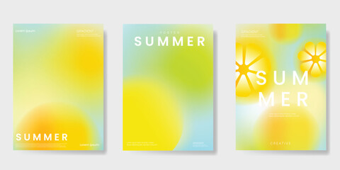 Abstract colorful gradient fruit card background set. Minimalist poster with lemon. Modern summer and spring wallpaper design for drink menu, promotion, beverages, ads.