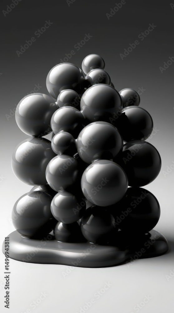 Poster sculptural arrangement of glossy spheres forming an abstract cluster in a minimalist style on a smoo
