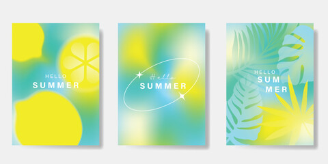 Abstract colorful gradient fruit and foliage card background set. Minimalist poster with monstera, palm, lemon. Modern summer and spring wallpaper design for home decoration, website, banner, ads.