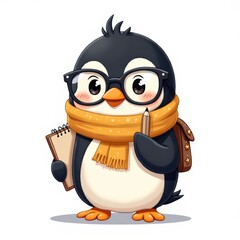 Obraz premium Cute cartoon penguin wearing glasses and a scarf holding a notepad and pencil