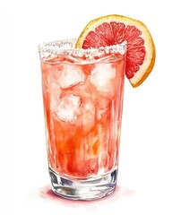 Watercolor illustration of a refreshing, vibrant pink cocktail in a tall glass.  A grapefruit slice sits atop the drink, rimmed with salt.  Ice cubes are visible within