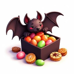 Cute bat with colorful candies in a box surrounded by cookies for Halloween celebration
