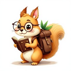 Cute squirrel reading a book with a backpack and glasses in a whimsical forest setting